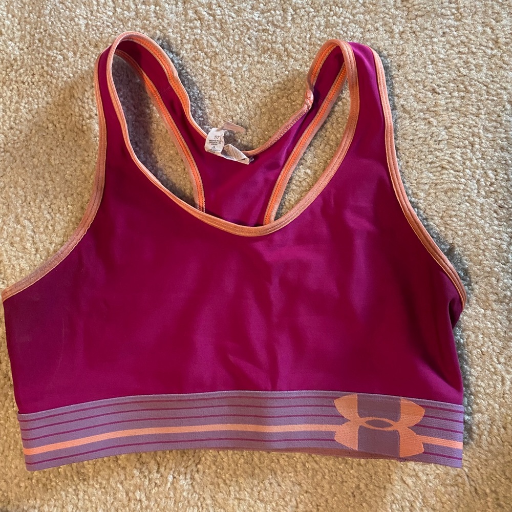 Pink and purple Under Armor sports bra
